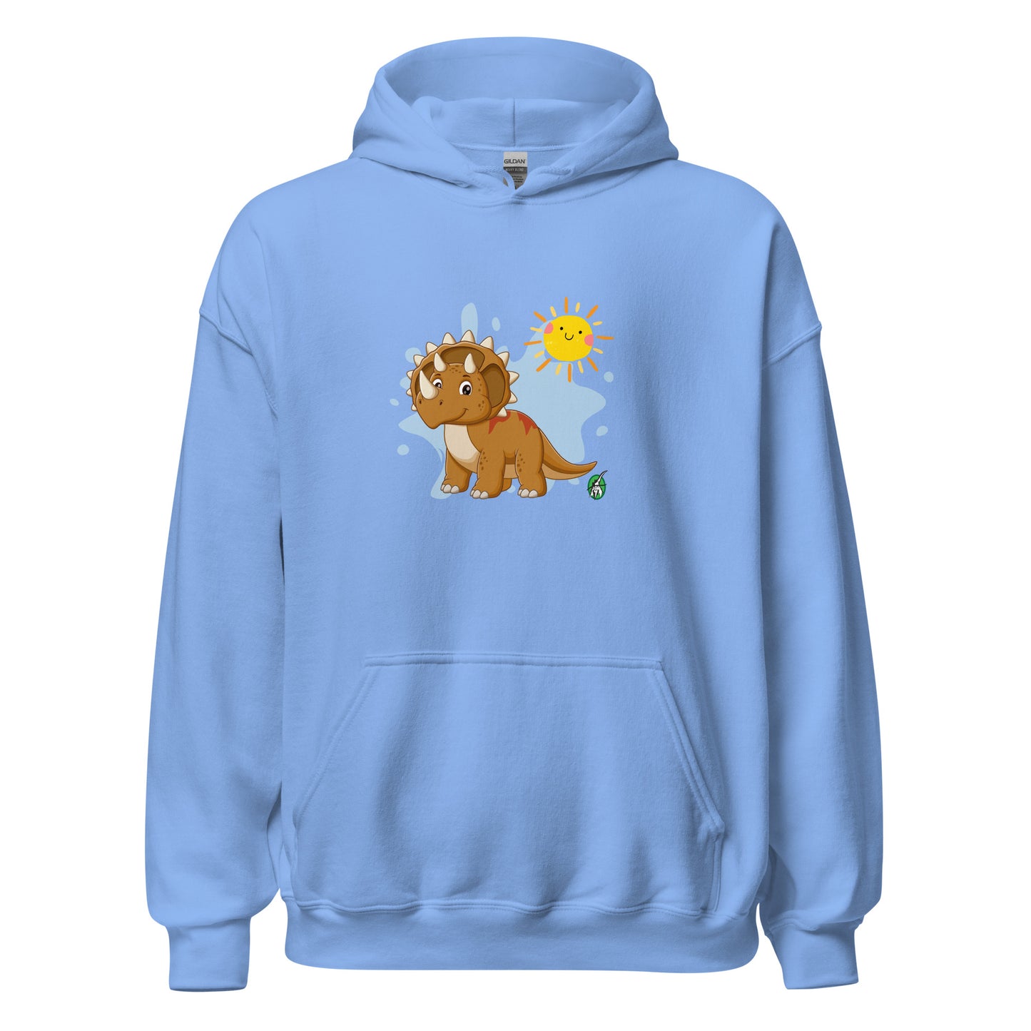 Men's light blue hoodie with a printed graphic of a smiling cartoon dinosaur and the sun. Designed by Wizard Prints
