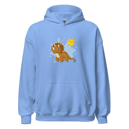 Men's light blue hoodie with a printed graphic of a smiling cartoon dinosaur and the sun. Designed by Wizard Prints