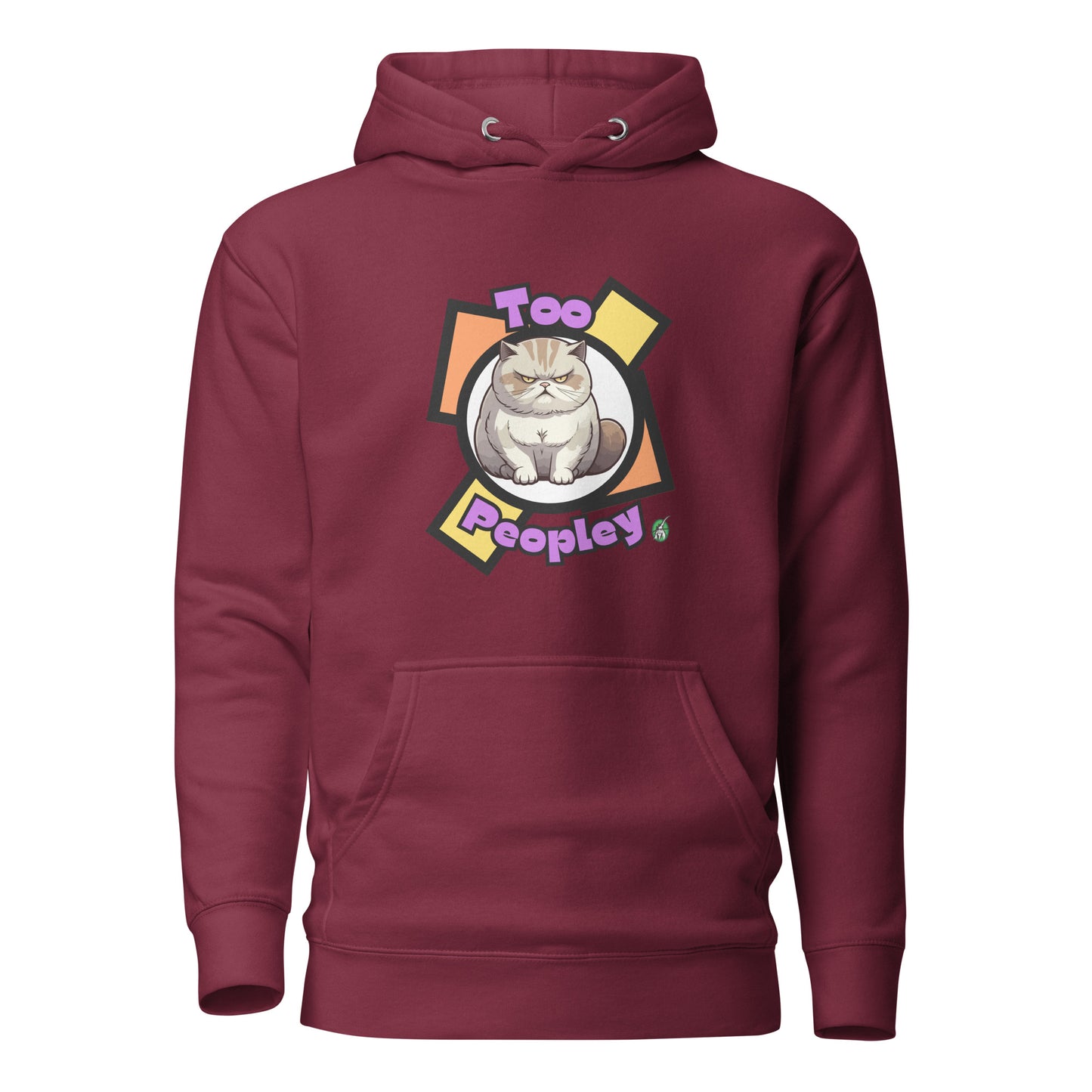 Men's maroon hoodie with a printed graphic of a grumpy cat with the words, 'Too Peopley'. Designed by Wizard Prints