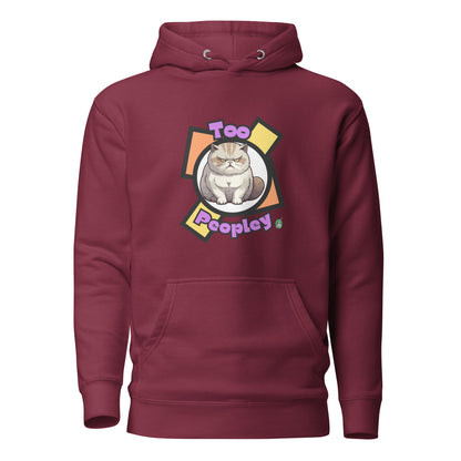 Men's maroon hoodie with a printed graphic of a grumpy cat with the words, 'Too Peopley'. Designed by Wizard Prints