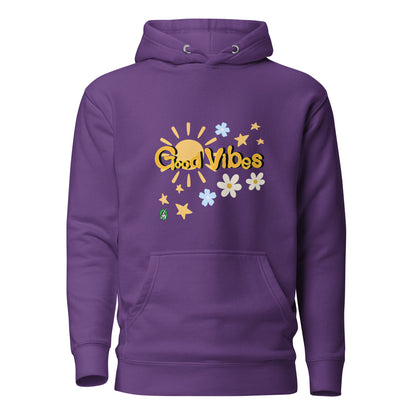 Men's purple hoodie with a printed graphic of the sun with the words, 'Good Vibes'. Designed by Wizard Prints