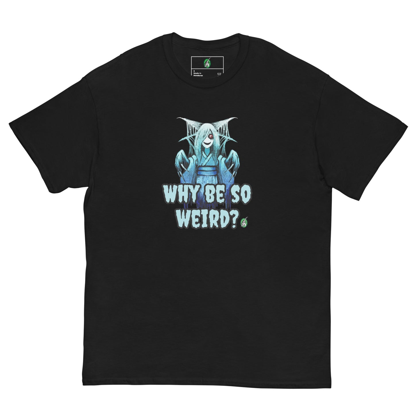 Men's black T-Shirt with a printed graphic of a blue ghost girl with the words, 'Why Be So Weird?'. Designed by Wizard Prints