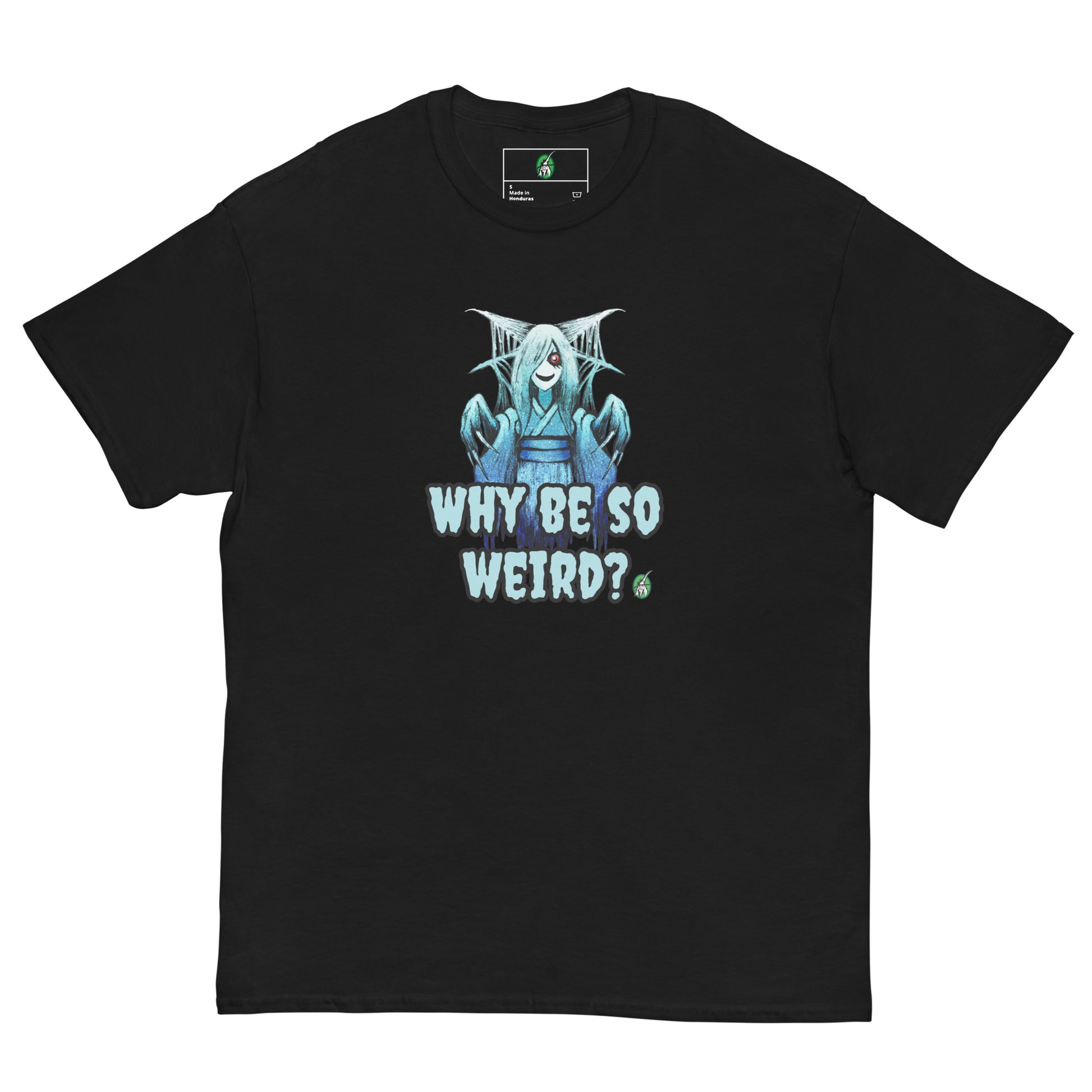 Men's black T-Shirt with a printed graphic of a blue ghost girl with the words, 'Why Be So Weird?'. Designed by Wizard Prints