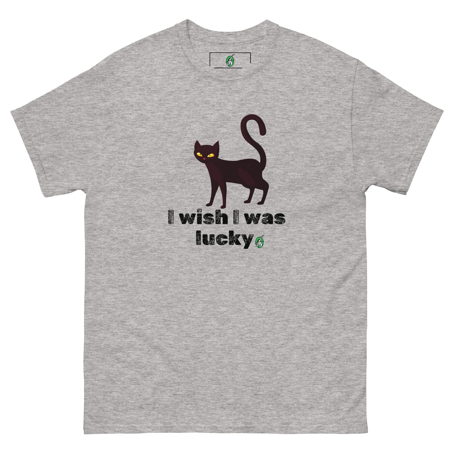 Men's dark grey T-Shirt with a printed graphic of a cat with the words, 'I Wish I Was Lucky'. Designed by Wizard Prints