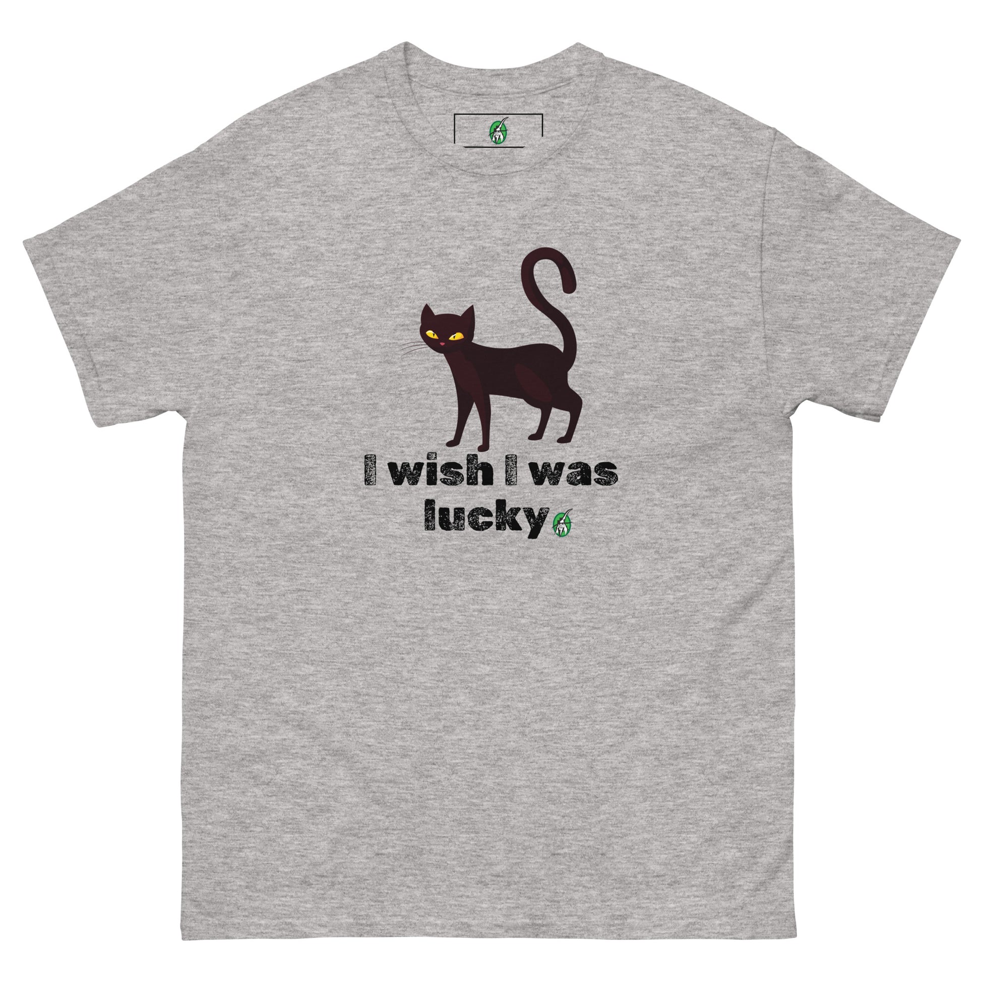 Men's dark grey T-Shirt with a printed graphic of a cat with the words, 'I Wish I Was Lucky'. Designed by Wizard Prints