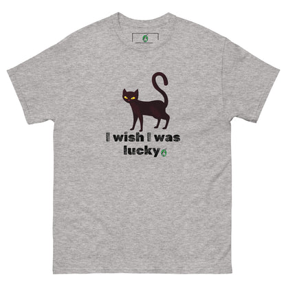 Men's dark grey T-Shirt with a printed graphic of a cat with the words, 'I Wish I Was Lucky'. Designed by Wizard Prints