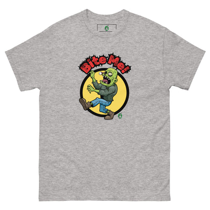 Men's light grey t-shirt with a printed graphic of a zombie with the words, 'Bite Me'. Designed by Wizard Prints.
