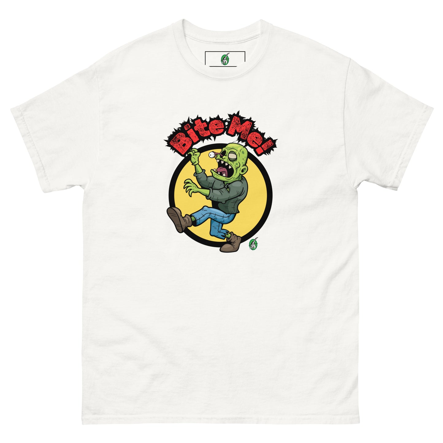 Men's white t-shirt with a printed graphic of a zombie with the words, 'Bite Me'. Designed by Wizard Prints.