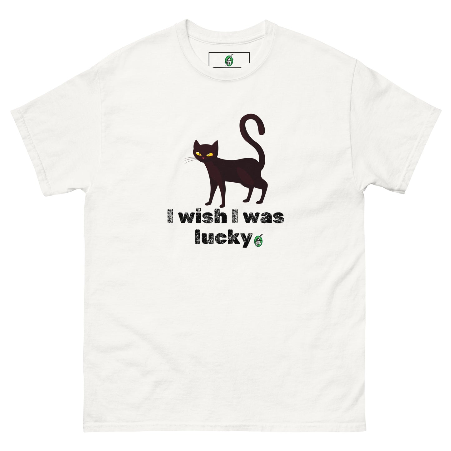 Men's white T-Shirt with a printed graphic of a cat with the words, 'I Wish I Was Lucky'. Designed by Wizard Prints