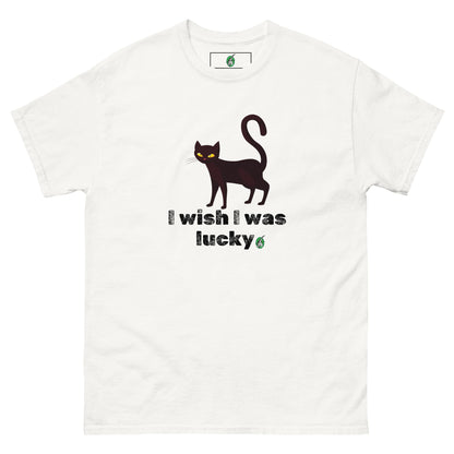 Men's white T-Shirt with a printed graphic of a cat with the words, 'I Wish I Was Lucky'. Designed by Wizard Prints