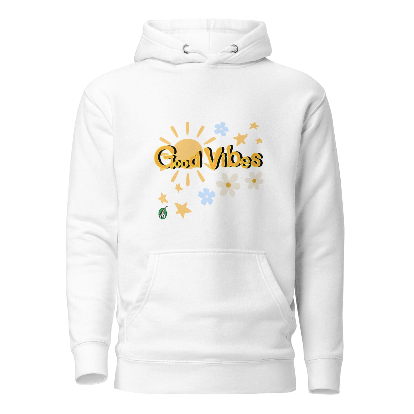 Men's white hoodie with a printed graphic of the sun with the words, 'Good Vibes'. Designed by Wizard Prints