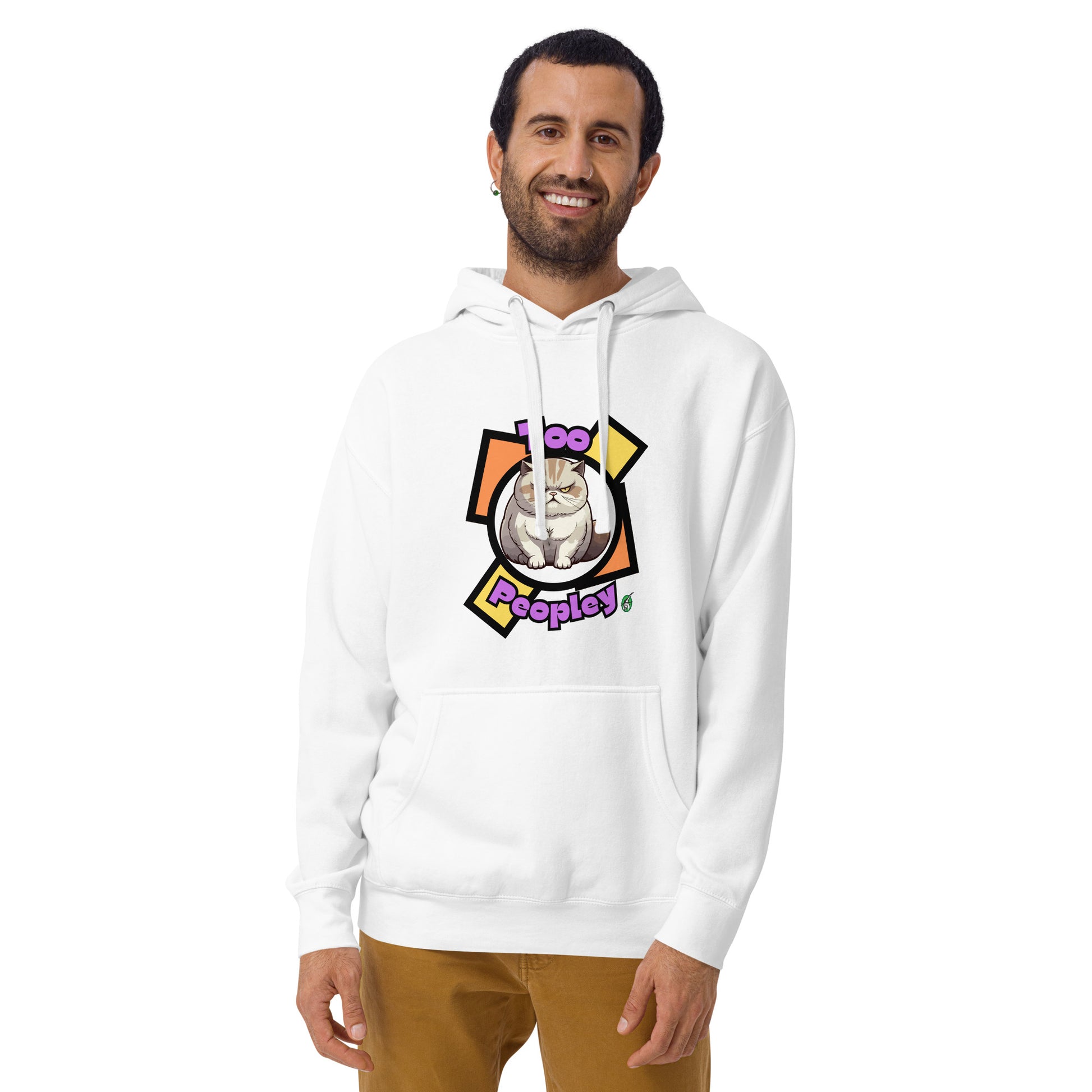A man standing wearing a white hoodie with a printed graphic of a grumpy cat with the words, 'Too Peopley'. Designed by Wizard Prints