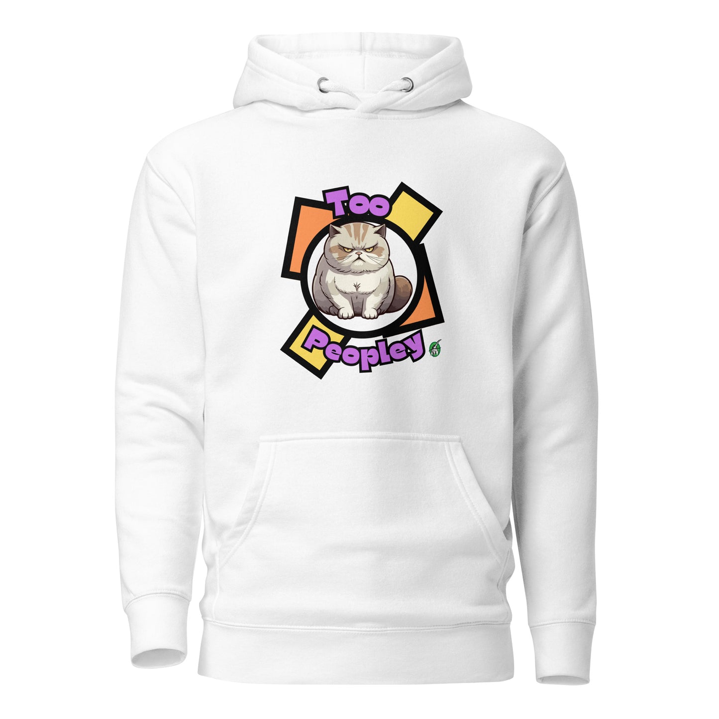 Men's white hoodie with a printed graphic of a grumpy cat with the words, 'Too Peopley'. Designed by Wizard Prints