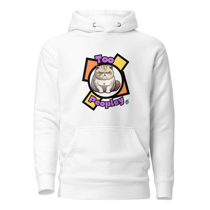 Men's white hoodie with a printed graphic of a grumpy cat with the words, 'Too Peopley'. Designed by Wizard Prints