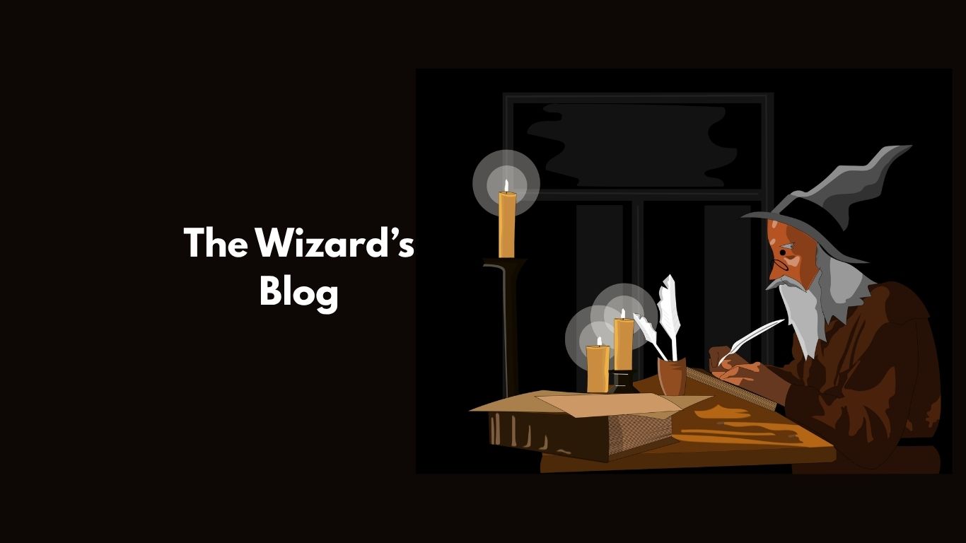 Illustration of a wizard writing at a desk with candles in a dark room, featuring the text 'The Wizard's Blog'.