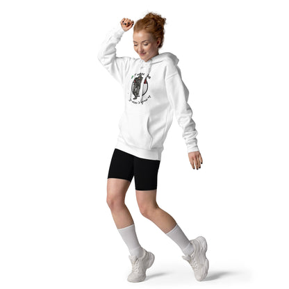 A woman dancing wearing a white hoodie with a printed graphic of a ninja with the words, I wanna be a ninja when I grow up. Designed by Wizard Prints