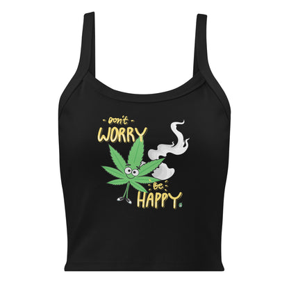 Women's black tank top with Don't Worry Be Happy slogan part of the Festival Outfit Ideas from Wizard Prints Shop