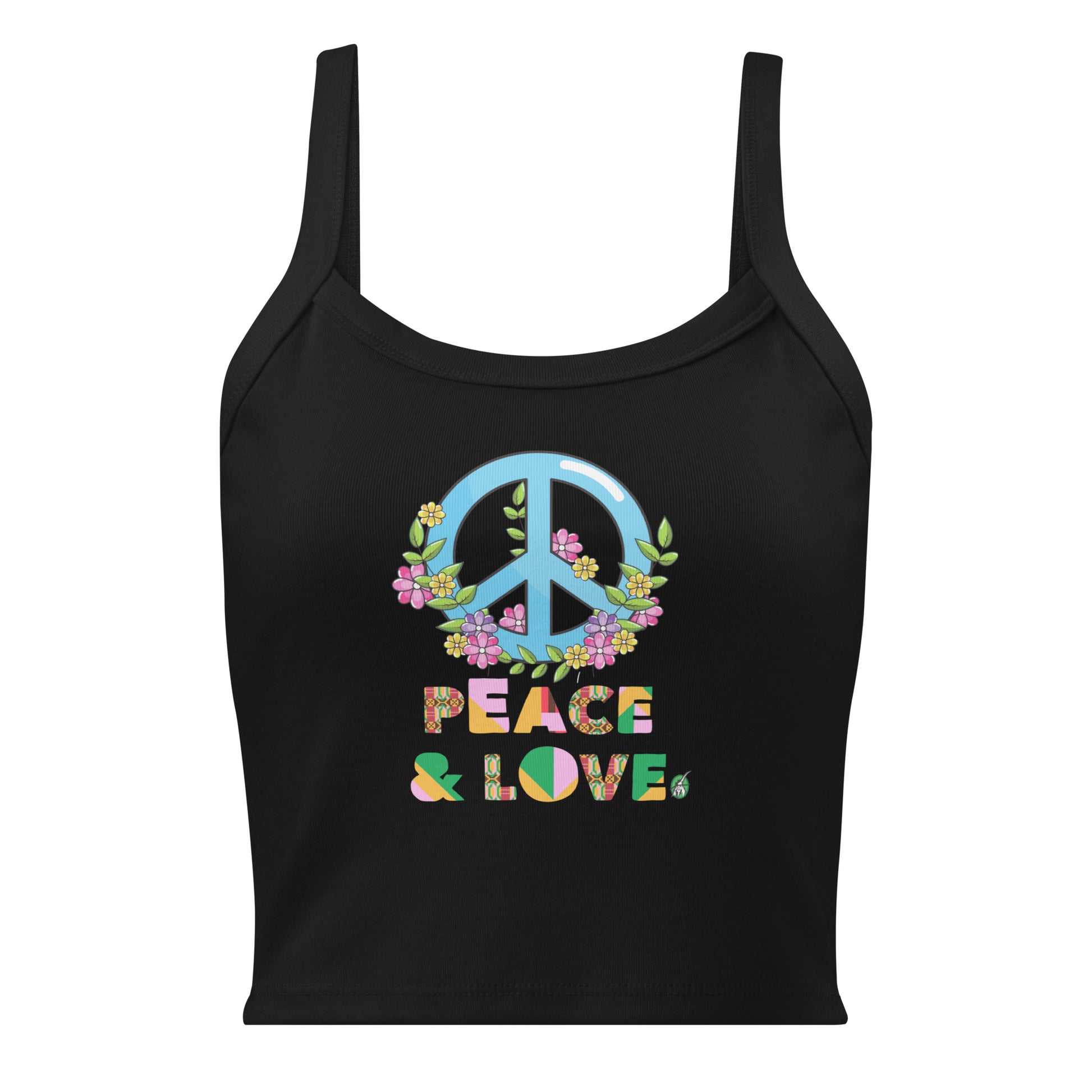 Women's black tank top with Peace and Love slogan part of the Festival Outfit Ideas from Wizard Prints Shop