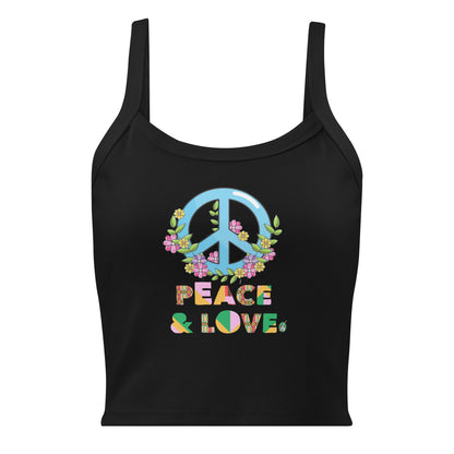 Women's black tank top with Peace and Love slogan part of the Festival Outfit Ideas from Wizard Prints Shop