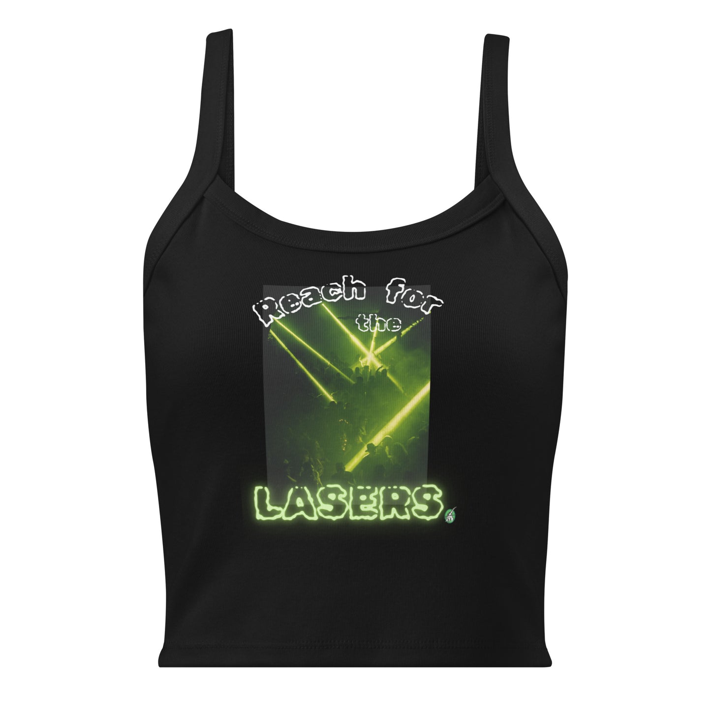 Women's black tank top with Reach for the Lasers slogan part of the Festival Outfit Ideas from Wizard Prints Shop