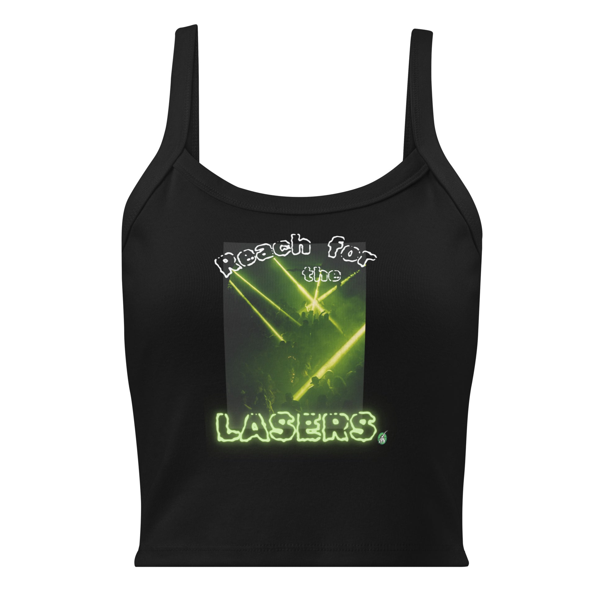 Women's black tank top with Reach for the Lasers slogan part of the Festival Outfit Ideas from Wizard Prints Shop