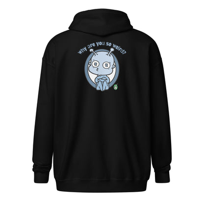 Back view of a women's black zip through hoodie with a pale blue graphic image and the words, 'Why are you so Weird?' by Wizard Prints Shop