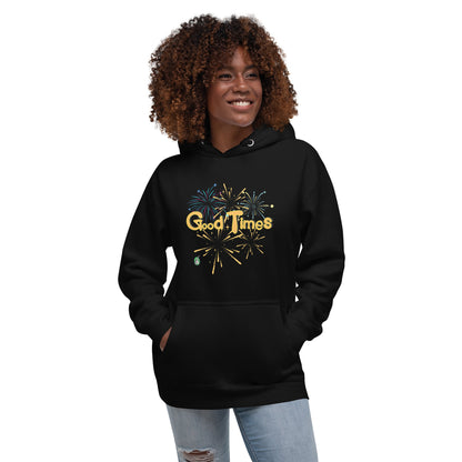 A woman standing wearing a black hoodie with a printed graphic of fireworks with the words, 'Good Times'. Designed by Wizard Prints