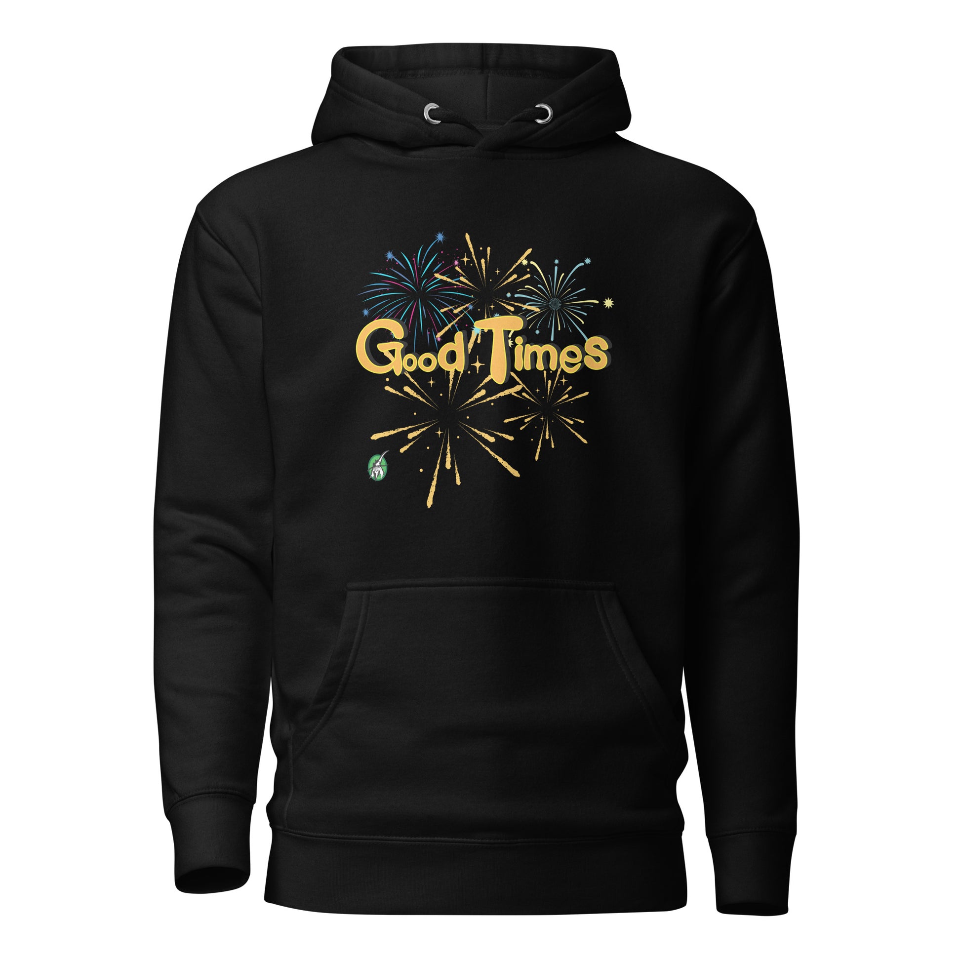 Women's black hoodie with a printed graphic of fireworks with the words, 'Good Times'. Designed by Wizard Prints
