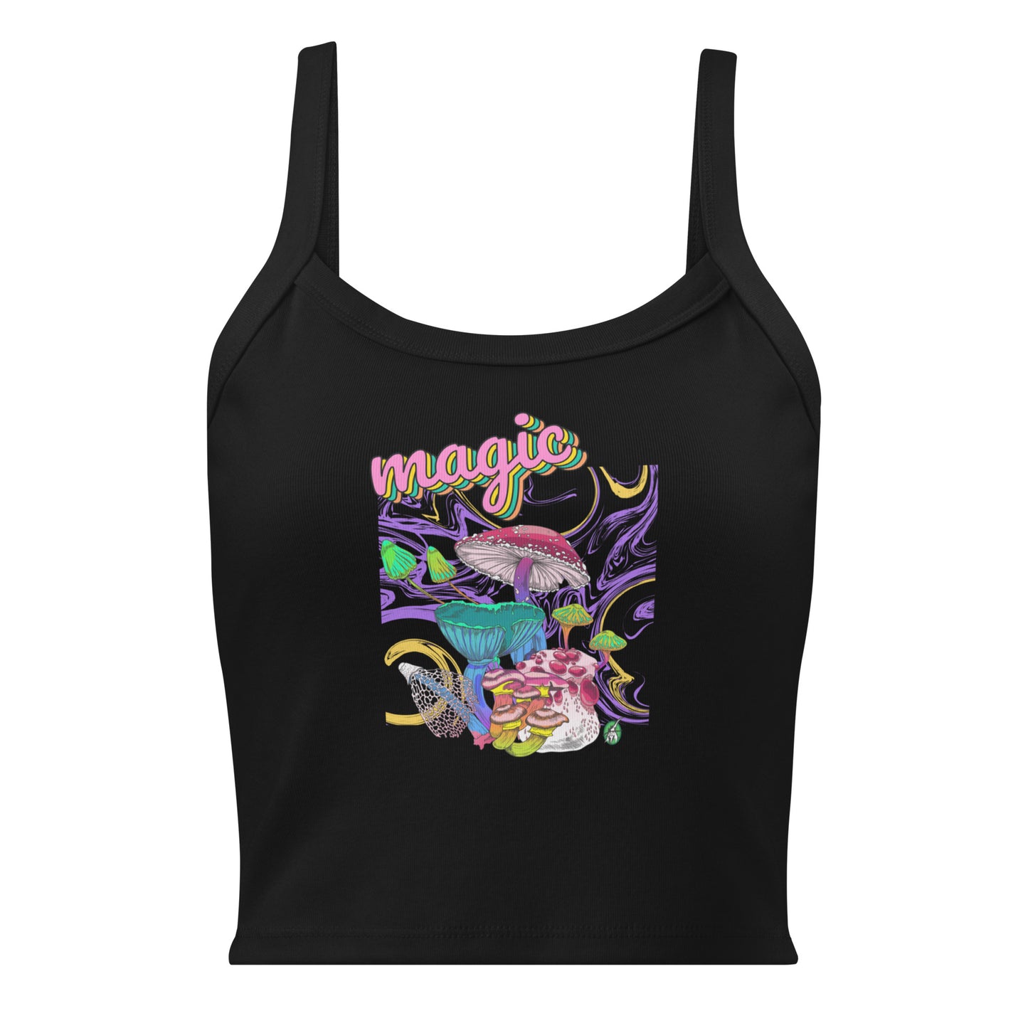 Women's black tank top with Magic Mushroom slogan part of the Festival Outfit Ideas from Wizard Prints Shop