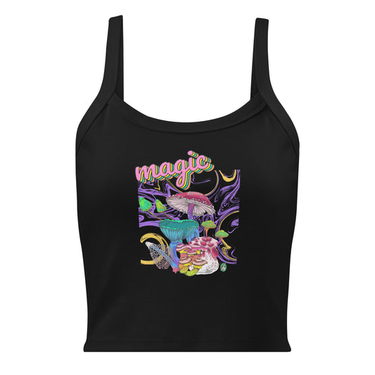 Women's black tank top with Magic Mushroom slogan part of the Festival Outfit Ideas from Wizard Prints Shop