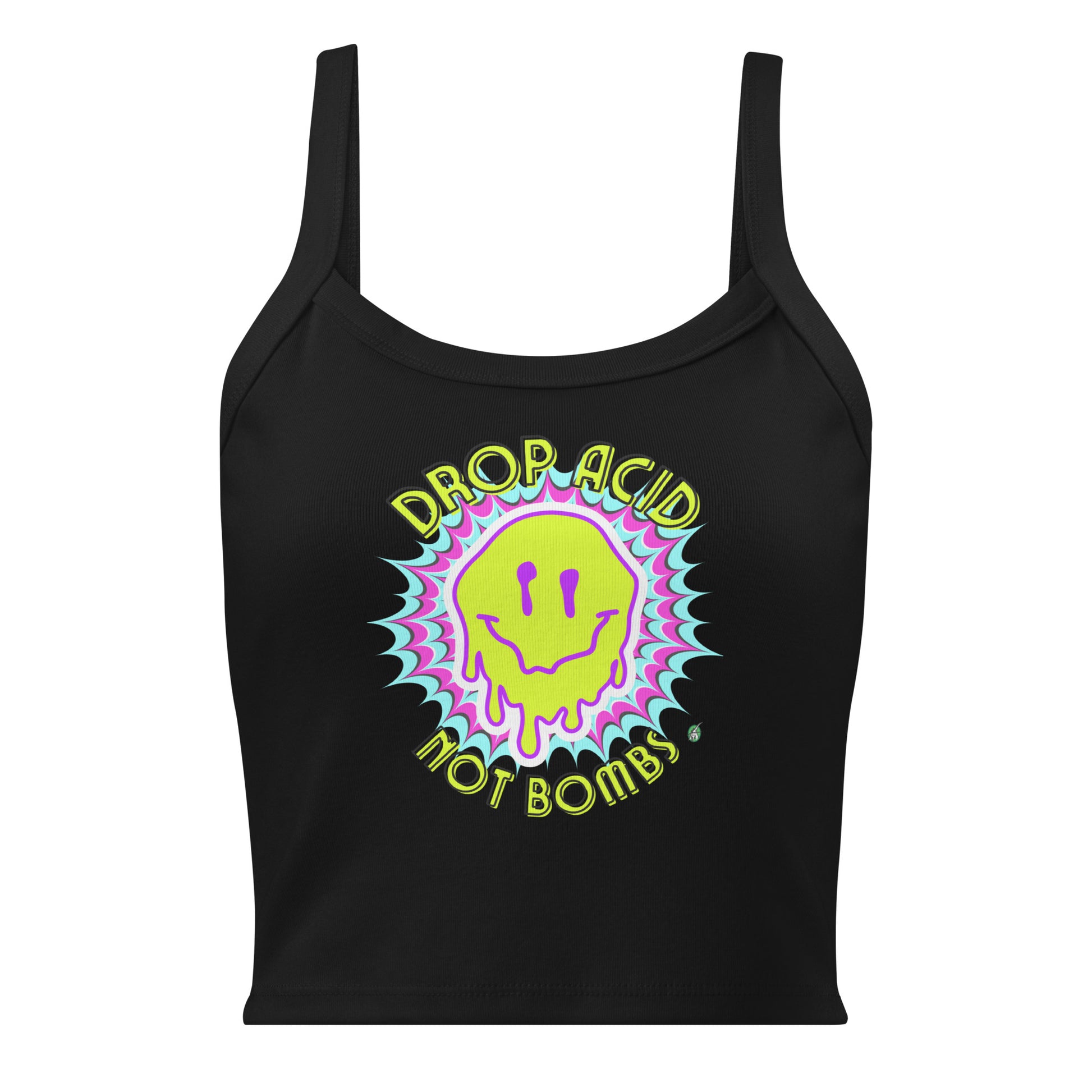 Women's black tank top with Drop Acid Not Bombs slogan part of the Festival Outfit Ideas from Wizard Prints Shop