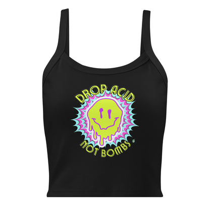 Women's black tank top with Drop Acid Not Bombs slogan part of the Festival Outfit Ideas from Wizard Prints Shop