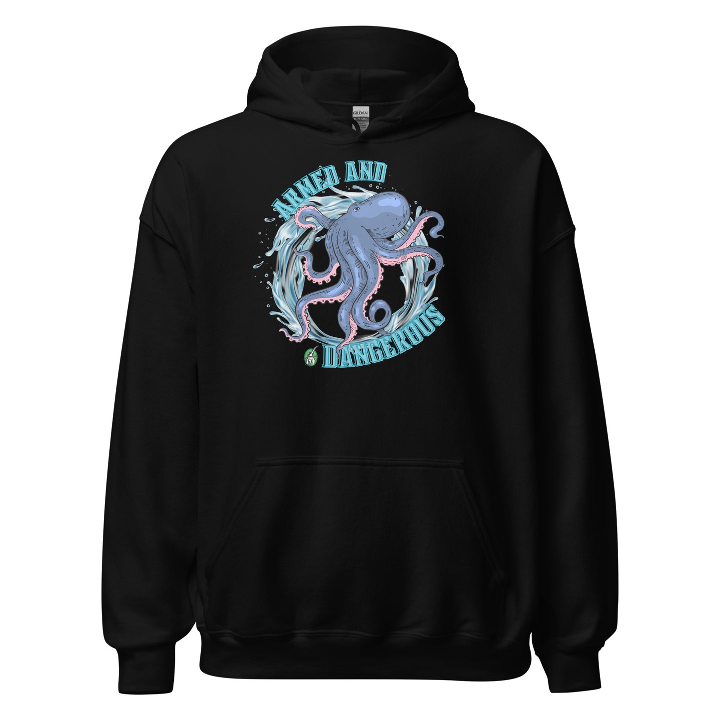 A women's black hoodie with the graphic of an octopus and the text, Armed and Dangerous by Wizard Prints Shop.