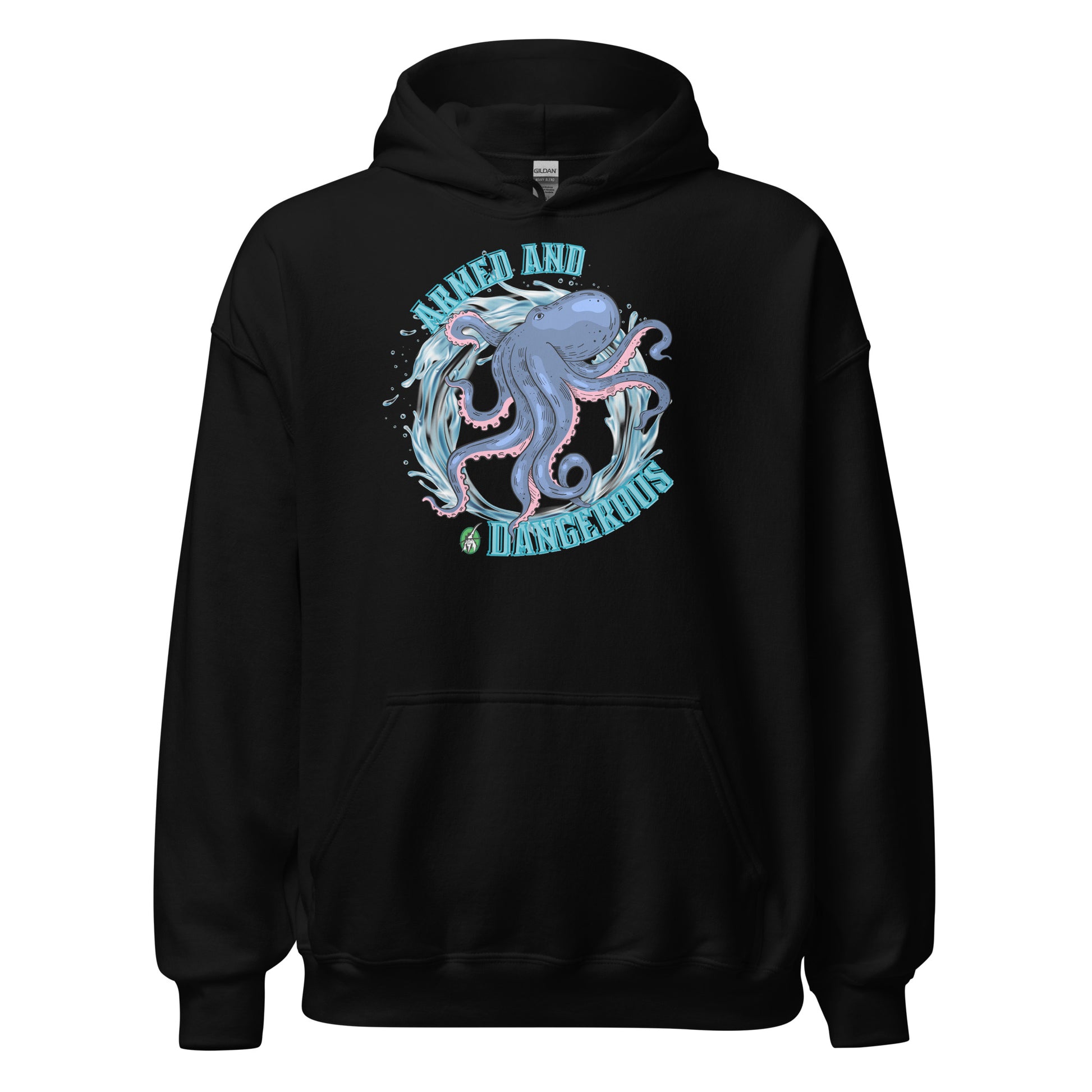 A women's black hoodie with the graphic of an octopus and the text, Armed and Dangerous by Wizard Prints Shop.