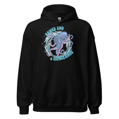 A women's black hoodie with the graphic of an octopus and the text, Armed and Dangerous by Wizard Prints Shop.