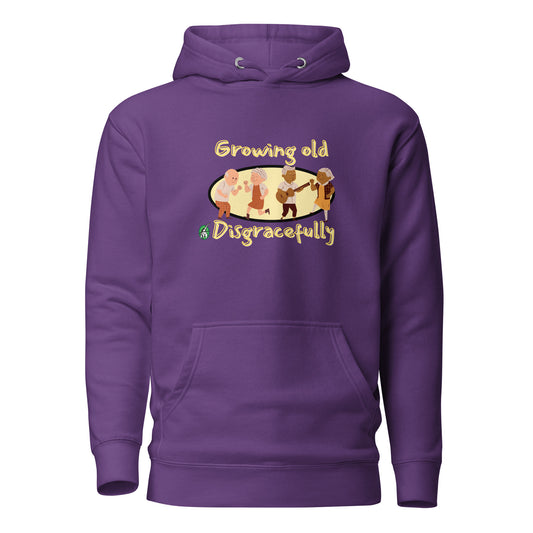 Women's purple hoodie with a printed graphic of a group of old people dancing and the words, Growing Old Disgracefully. Designed by Wizard Prints