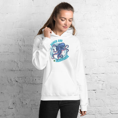 A women standing and wearing a white hoodie with the graphic of an octopus and the text, Armed and Dangerous by Wizard Prints Shop.