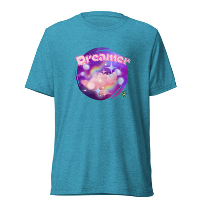 Women's aqua blue tee shirt with a printed graphic of a galaxy background and the word Dreamer on top. Designed by Wizard Prints