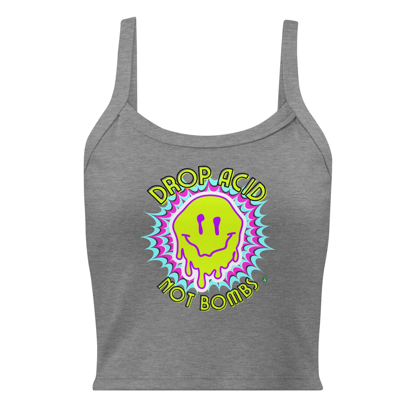 Women's grey tank top with Drop Acid Not Bombs slogan part of the Festival Outfit Ideas from Wizard Prints Shop