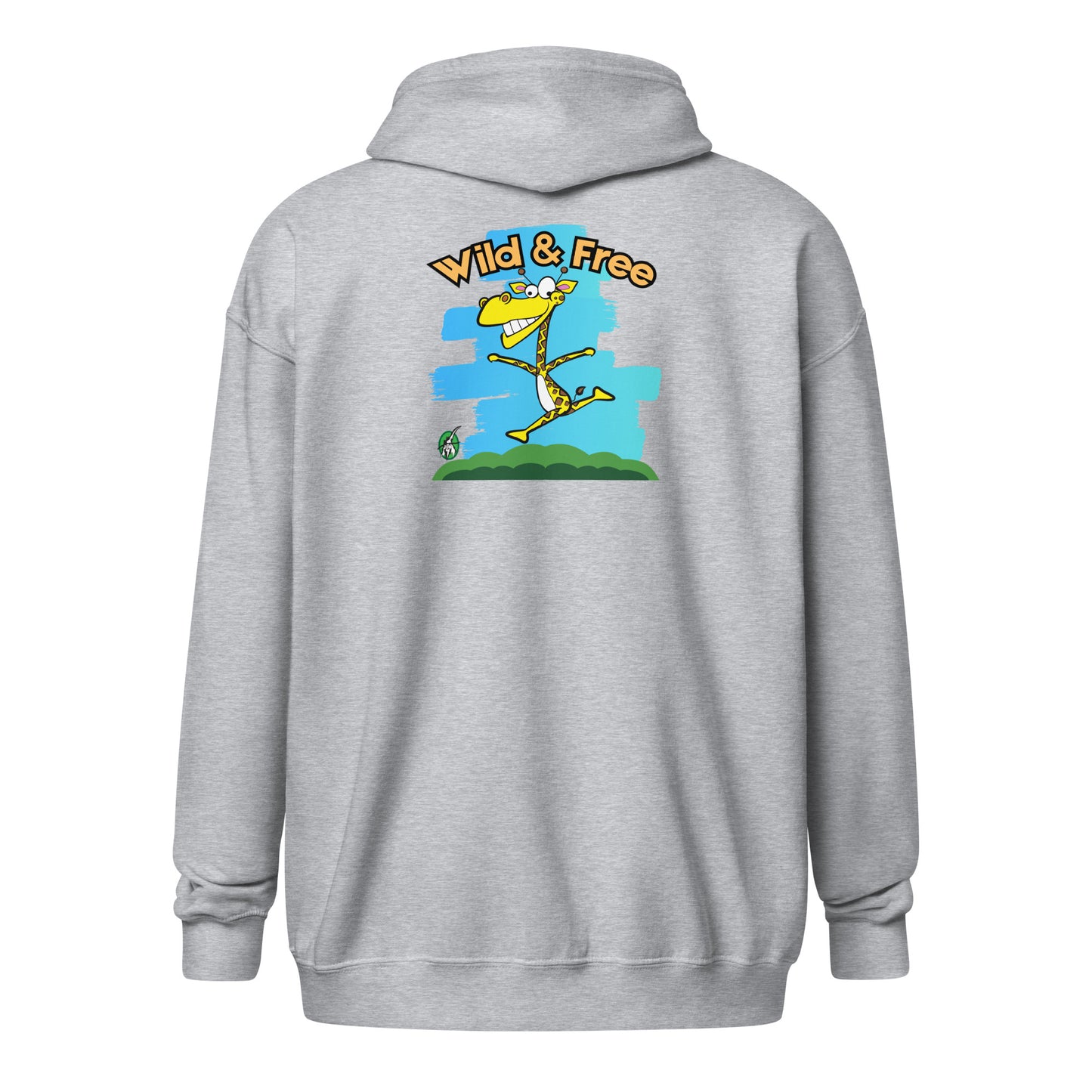Women's grey funny zip-through hoodie with a giraffe running with the words, 'wild and free' on the back by Wizard Prints