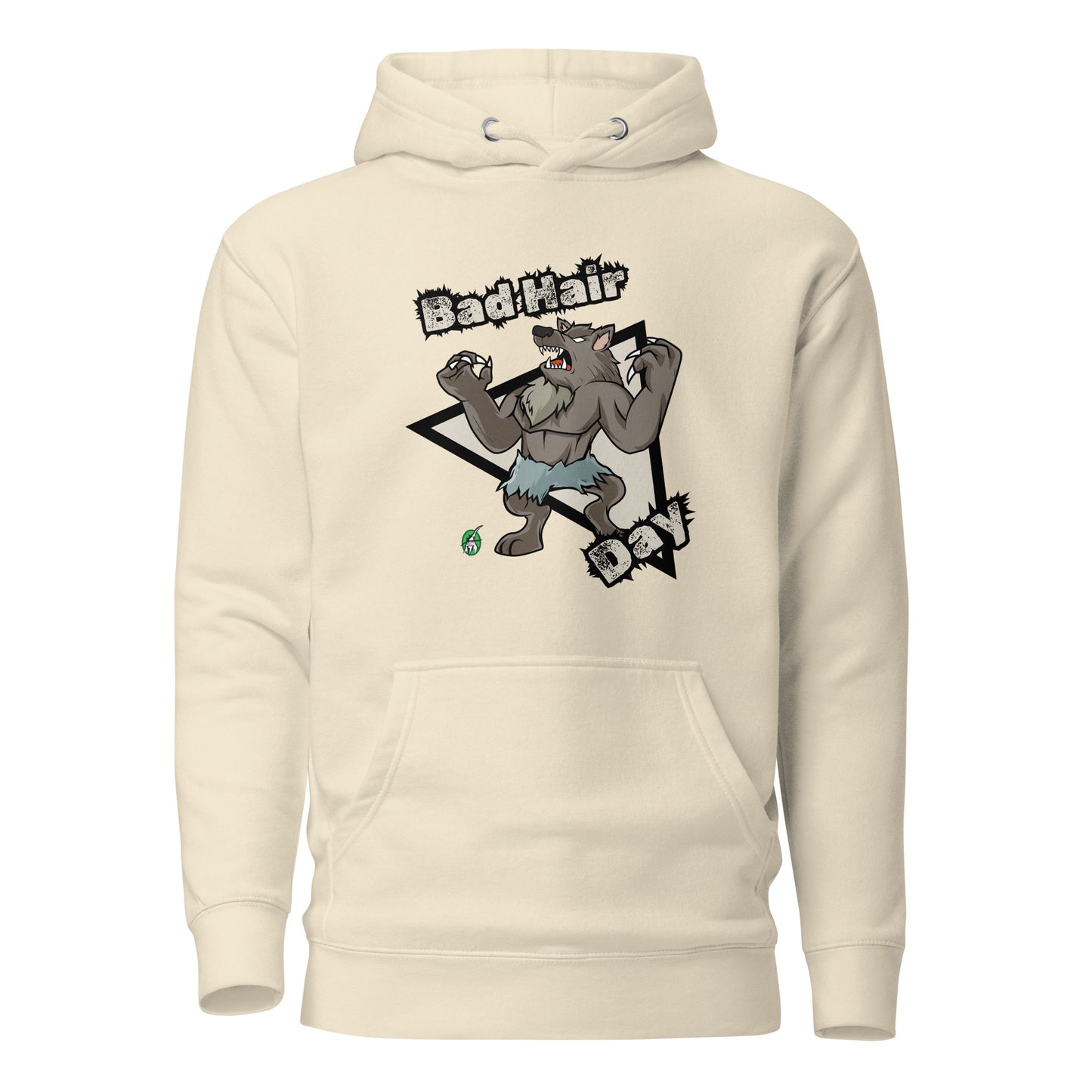 Women's beige hoodie with a printed graphic of a werewolf with the words, Bad Hair Day. Designed by Wizard Prints.