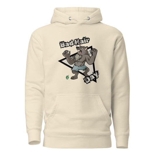 Women's beige hoodie with a printed graphic of a werewolf with the words, Bad Hair Day. Designed by Wizard Prints.