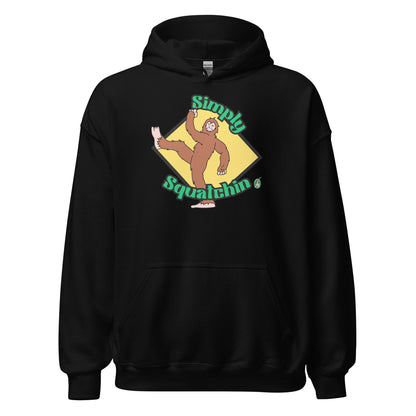 Women's black hoodie with a printed graphic of a sasquatch with the words, Simply Squatchin. Designed by Wizard Prints.