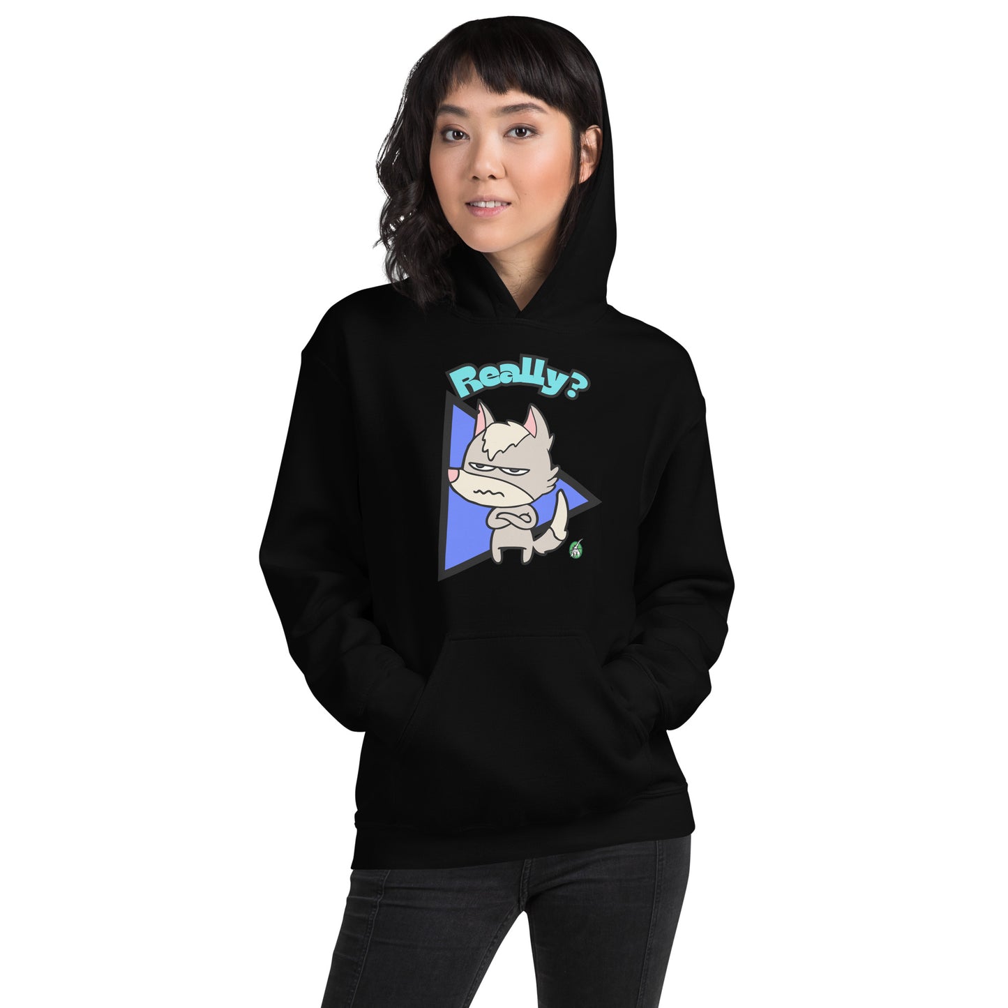 A woman standing and wearing a black hoodie with a printed graphic of a grumpy fox with the word, 'Really?'. Designed by Wizard Prints.