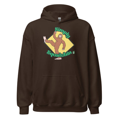 Women's brown hoodie with a printed graphic of a sasquatch with the words, Simply Squatchin. Designed by Wizard Prints.