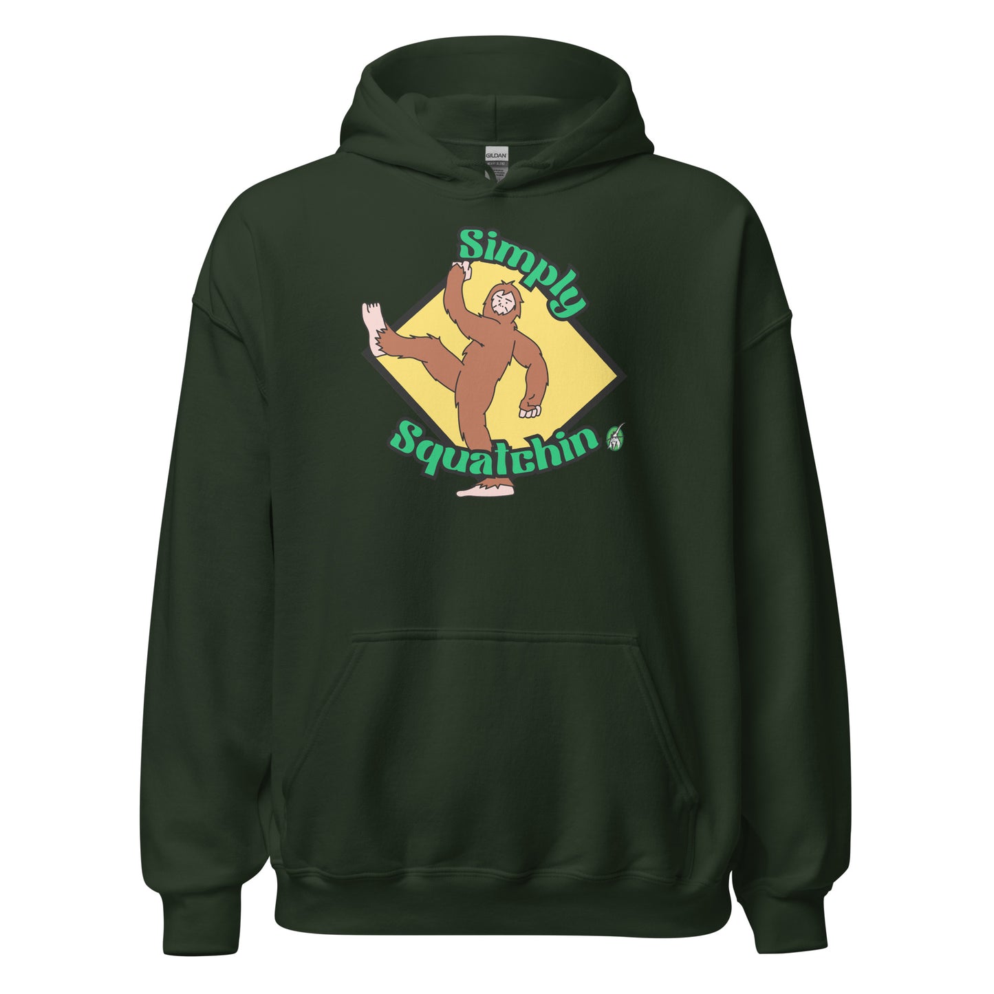 Women's dark green hoodie with a printed graphic of a sasquatch with the words, Simply Squatchin. Designed by Wizard Prints.