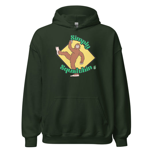 Women's dark green hoodie with a printed graphic of a sasquatch with the words, Simply Squatchin. Designed by Wizard Prints.