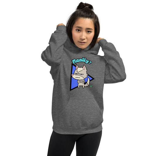 A woman standing and wearing a dark grey hoodie with a printed graphic of a grumpy fox with the word, 'Really?'. Designed by Wizard Prints.