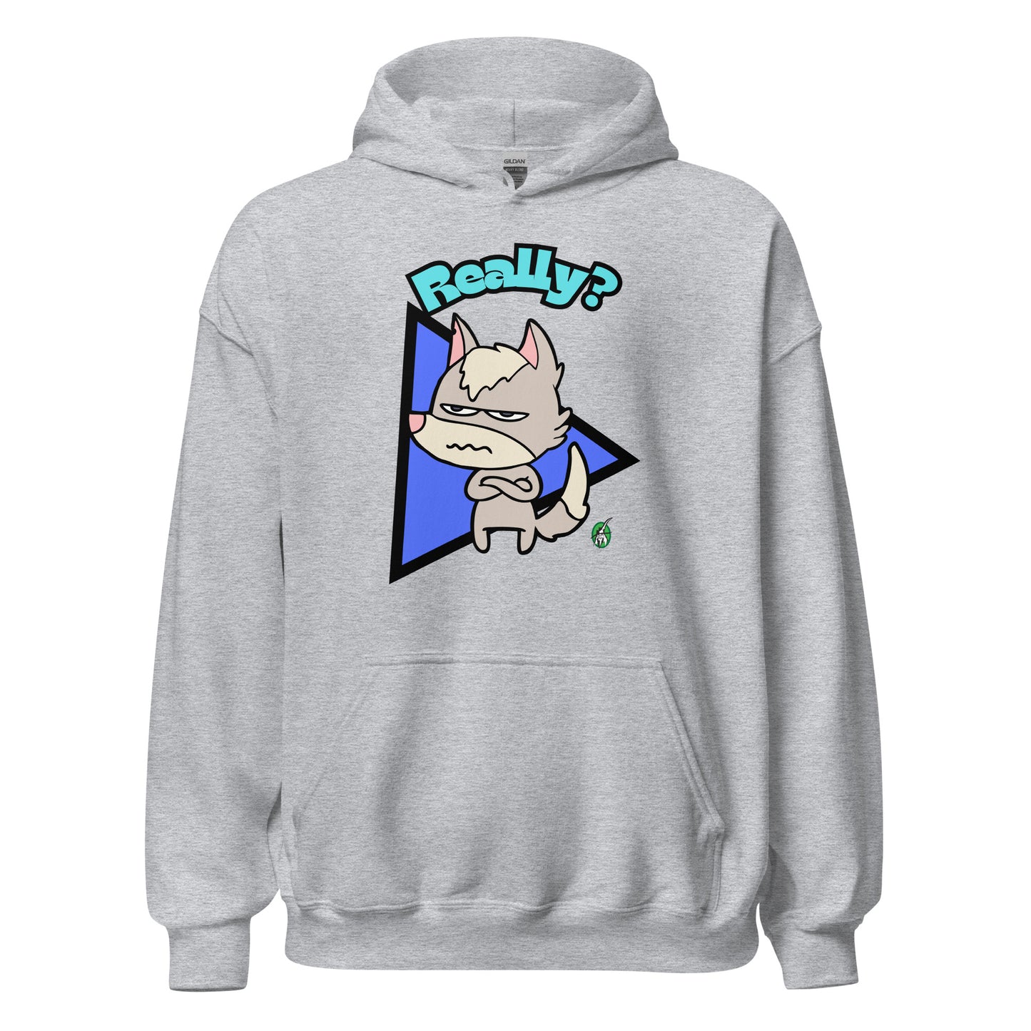 Women's light grey hoodie with a printed graphic of a grumpy fox with the word, 'Really?'. Designed by Wizard Prints.