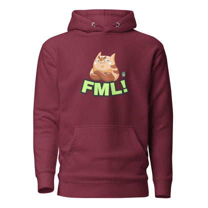 Women's maroon hoodie with a printed graphic of a cat with the words, 'FML!'. Designed by Wizard Prints.